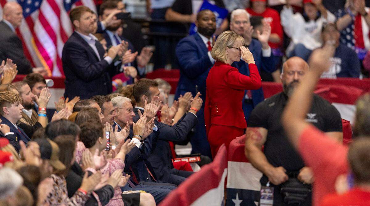 Laurie Buckshot, Army veteran and District 1 congressional candidate salutes former President Donald Trump, theRepublican presidential nominee, on Wednesday, October 30, 2024 at the Rocky Mount Event Center in Rocky Mount, N.C.