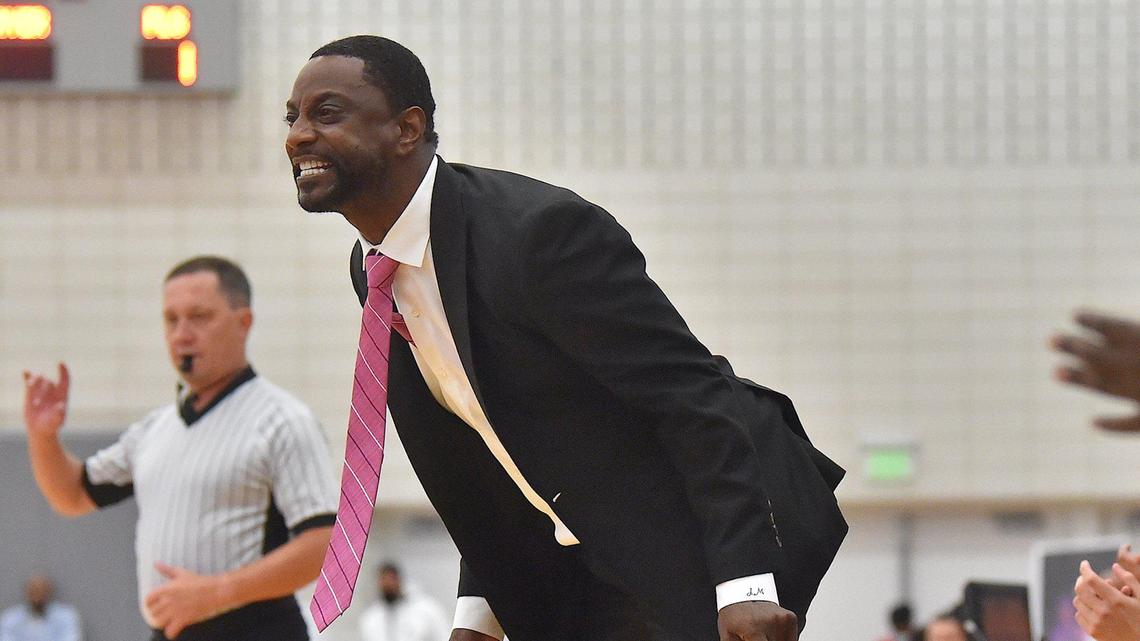 Combine head coach Jeff McInnis reacts to a call during the first half. The Word of God Holy Rams and the Combine Academy Goats met in the John Wall Holiday Classic in Raleigh, N.C. on December 29, 2021