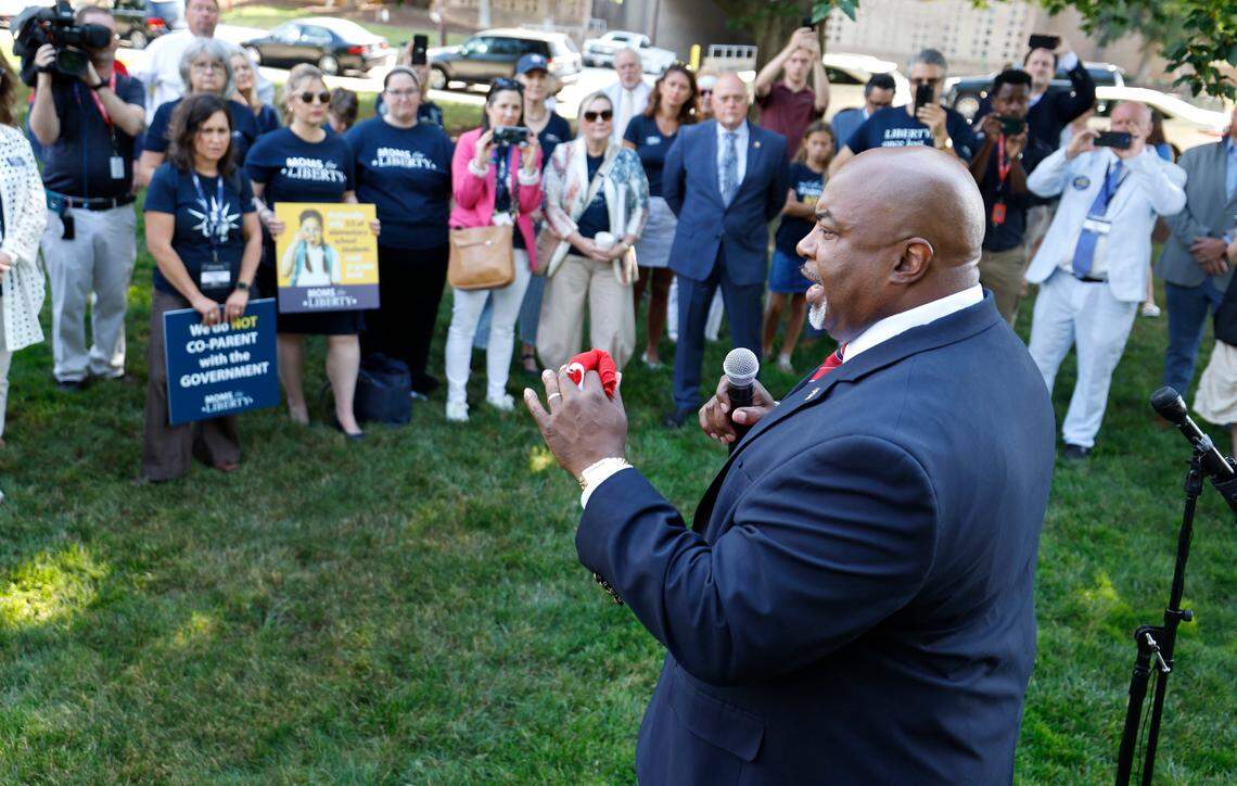 Republican Lt. Gov. Mark Robinson, who is running for governor, speaks at a Moms for Liberty rally outside the Legislative Building in Raleigh, N.C., Wednesday, June 12, 2024.