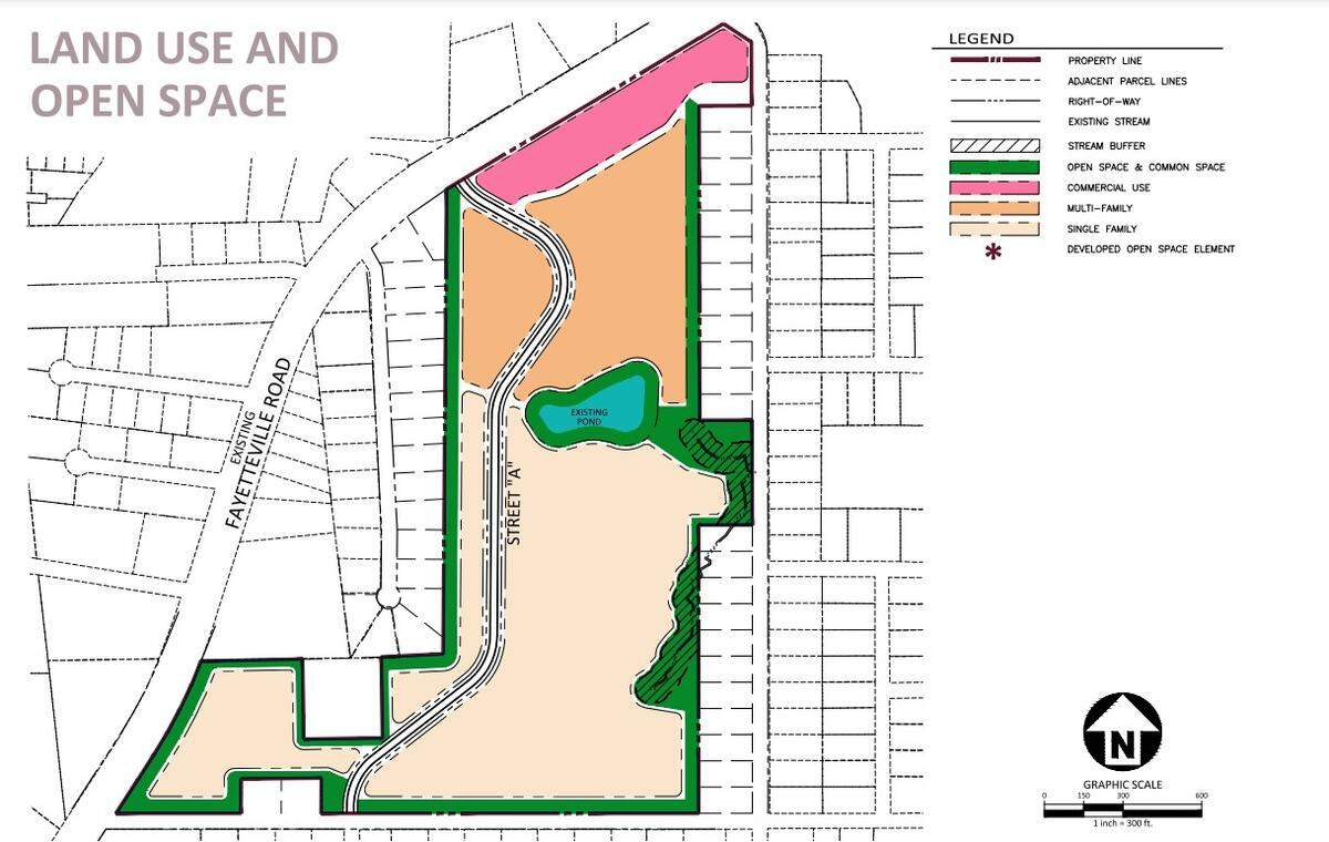 Map of the proposed development area of 401 Crossing, which plans to have different types of housing built on its site.
