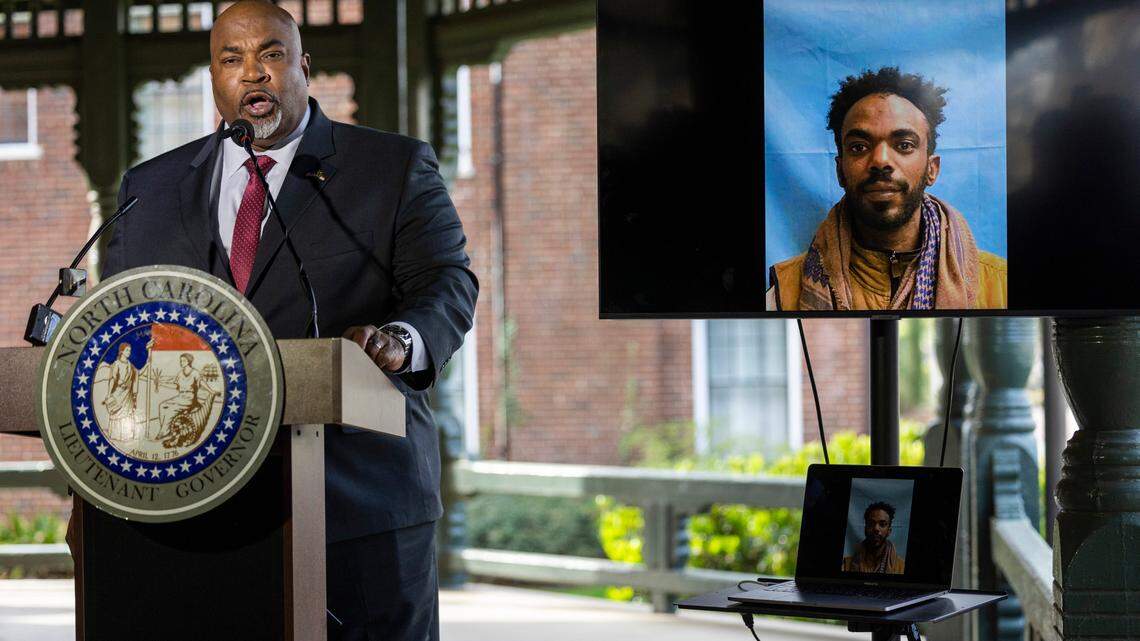 North Carolina Republican Lt. Gov. Mark Robinson, a gubernatorial candidate, speaks during a press conference at the Office of the Lieutenant Governor in Raleigh on Monday, March 18, 2024. Robinson urged the federal government to provide state leaders with additional information regarding Awet Hagos, who was arrested in Gates County last week after a standoff with law enforcement.