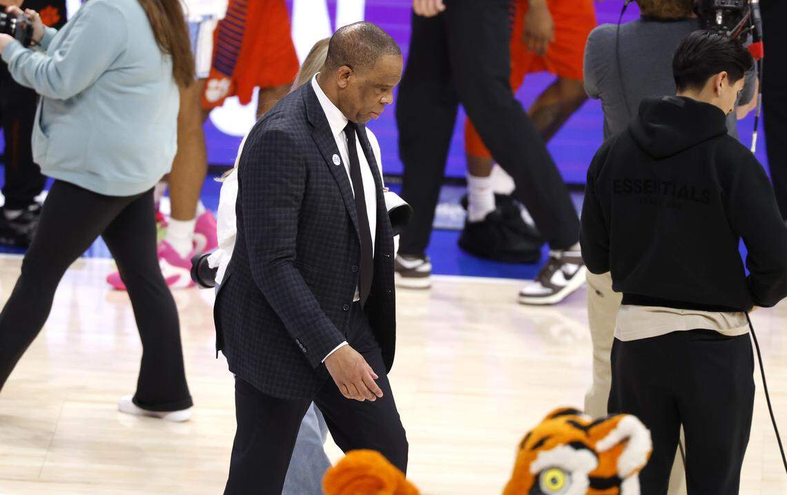North Carolina head coach Hubert Davis walks off the floor after Clemson’s 80-79 victory over UNC in the quarterfinals of the 2026 ACC Men’s Basketball Tournament at the Spectrum Center in Charlotte, N.C., Thursday, March 12, 2026.
