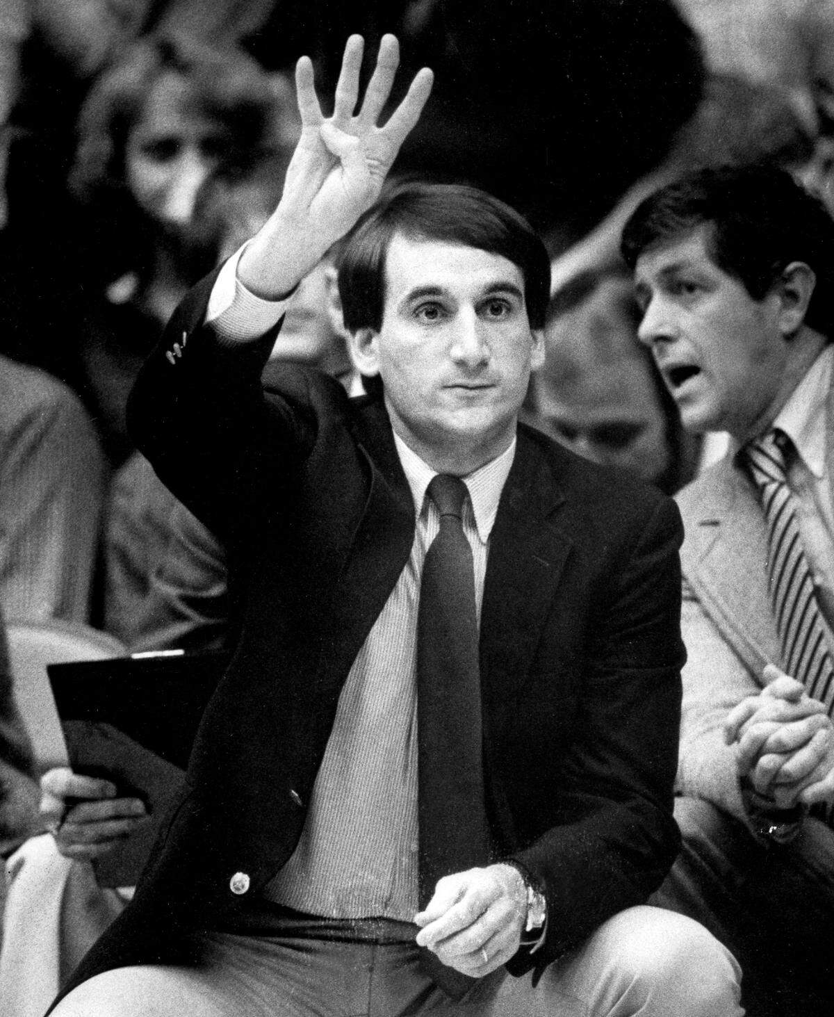 Duke coach Mike Krzyzewski on the sideline during a double-overtime classic March 3, 1984 in Chapel Hill.