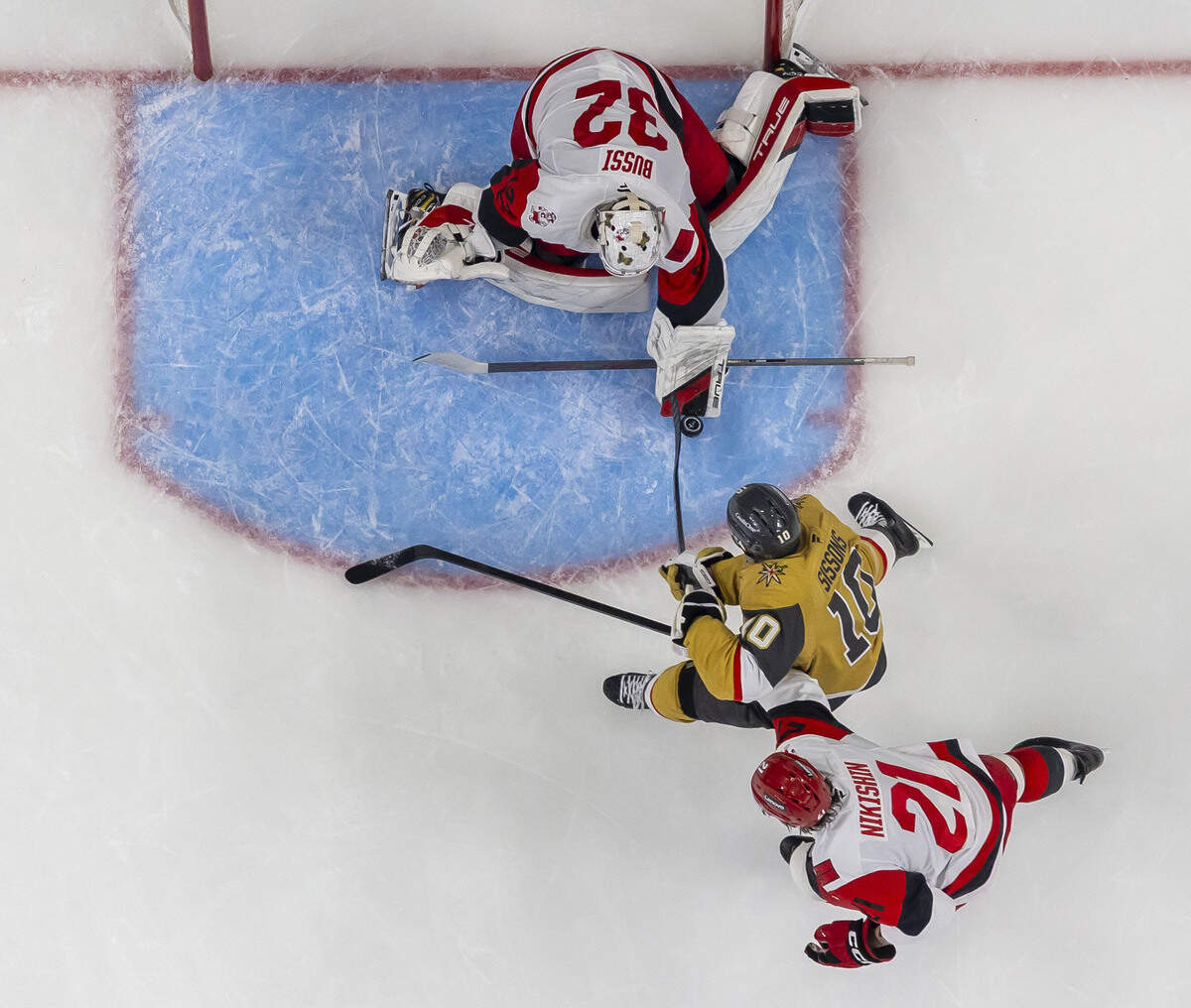 Carolina Hurricanes goalie Brandon Bussi (32) stops a scoring attempt by right wing Mark Stone (61) in the third period of Game 4 of the Stanley Cup Final, on Tuesday, June 9, 2026 in Las Vegas, NV.