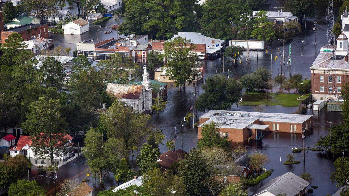 Three days after Hurricane Florence made landfall in Wilmington, NC, flood water still surrounds buildings in Trenton, NC, on Monday, Sept. 17, 2018.
