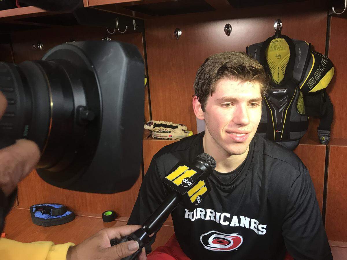 David Cotton answers media questions at the Carolina Hurricanes prospects development camp on June 26, 2019. The forward will be a senior at Boston College this year.