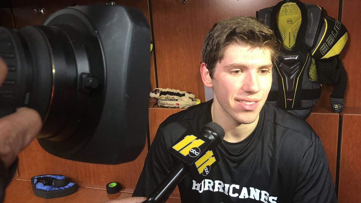 David Cotton answers media questions at the Carolina Hurricanes prospects development camp on June 26, 2019. The forward has signed his entry-level contract with the team.”