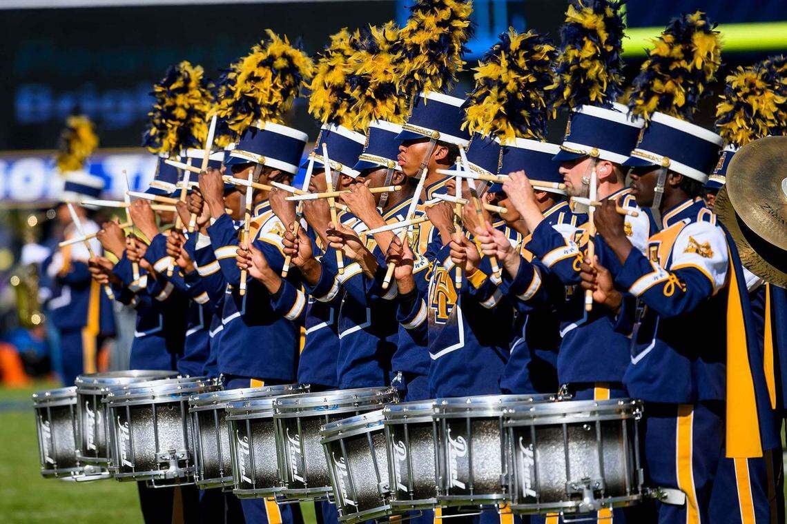 NC A&T’s Blue and Gold Marching Machine performs at the 2023 homecoming game.