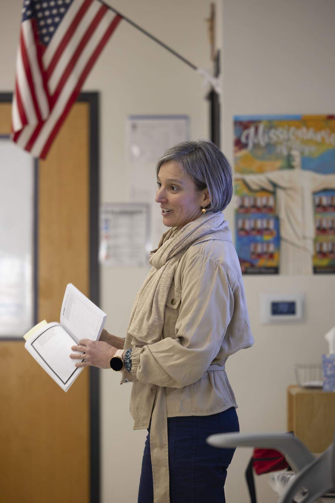 Teacher Rene Jandorf works with her English Language Arts class at St. Catherine of Siena Catholic School on Thursday, Feb. 12, 2026, in Wake Forest.  