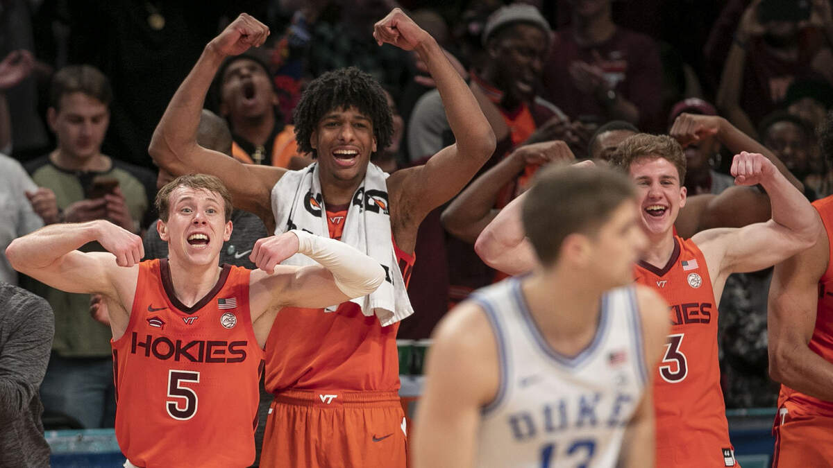 Virginia Techís Storm Murphy (5) leads the victory celebration during the final seconds of play as they defeat Duke 82-67 in the ACC Tournament Championship on Saturday, March 12, 2022 at Barclays Center in Brooklyn, N.