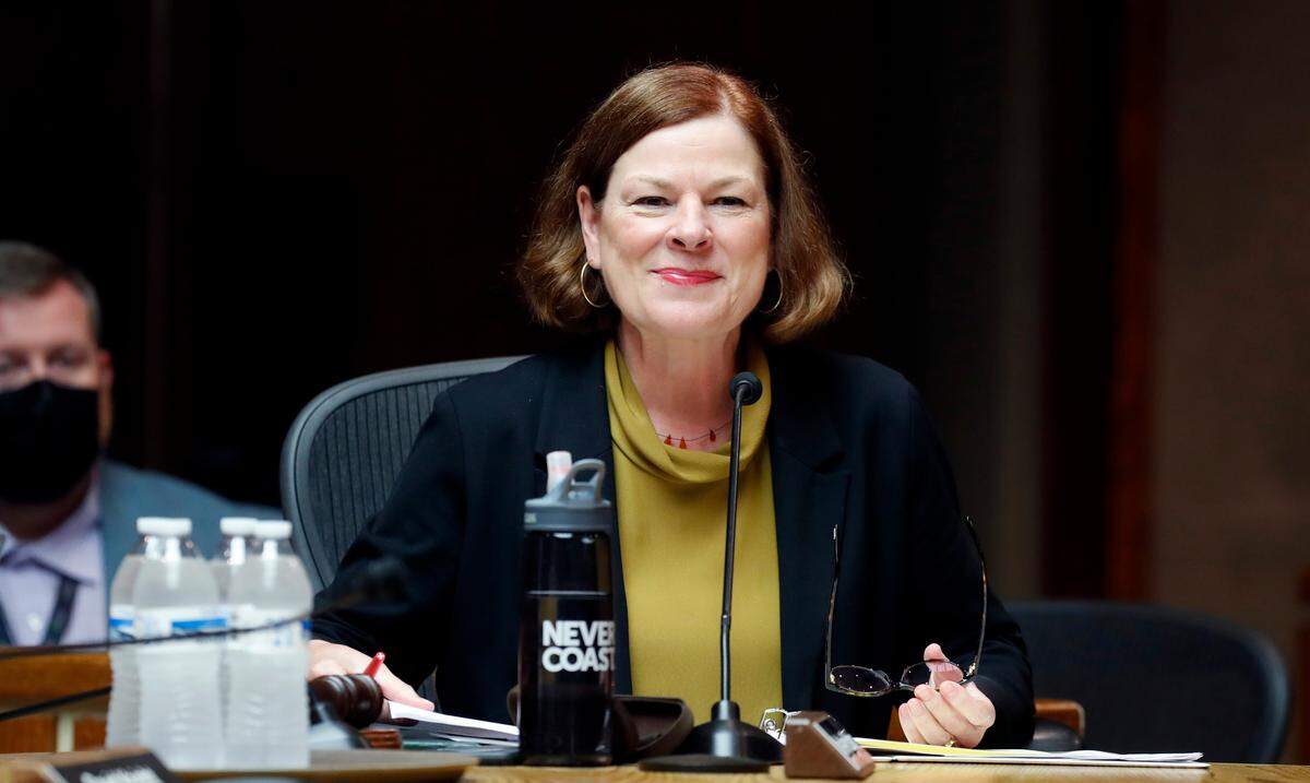 Mayor Mary-Ann Baldwin smiles during the Raleigh City Council meeting at the Municipal Building in Raleigh, N.C. Tuesday, June 15, 2021.