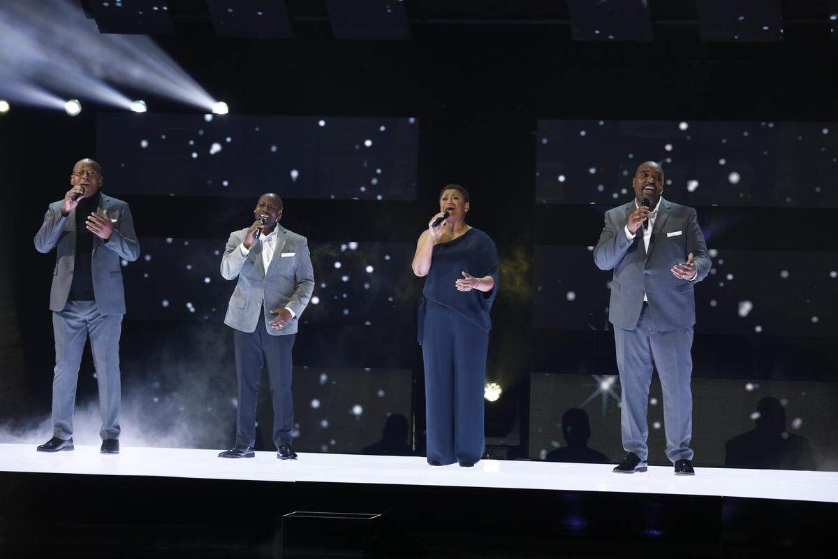 The military quartet Voices of Service, with Raleigh native Christal Sanders Rheams second from right, performs on the Sept. 17 episode of “America’s Got Talent” on NBC.