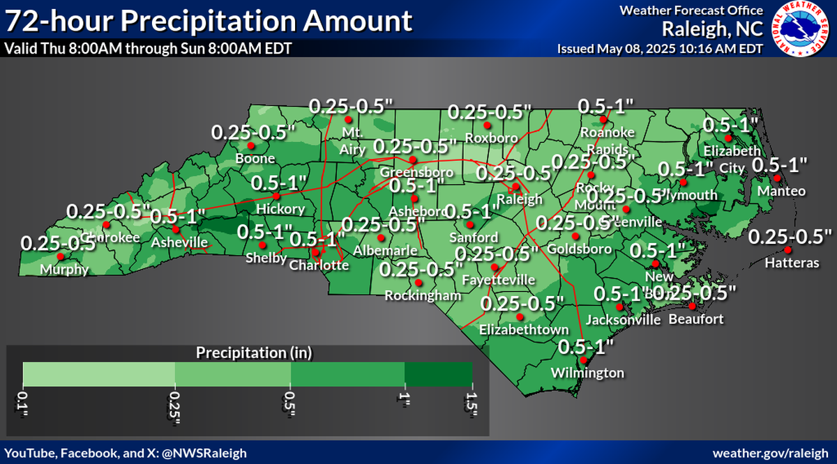 Up to 1 inch of rain is expected in some parts of North Carolina through Sunday morning, May 11, 2025. Rainfall could be heavy in thunderstorms, which also could bring hail and dangerous wind gusts.