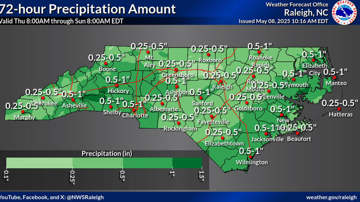 Up to 1 inch of rain is expected in some parts of North Carolina through Sunday morning, May 11, 2025. Rainfall could be heavy in thunderstorms, which also could bring hail and dangerous wind gusts.