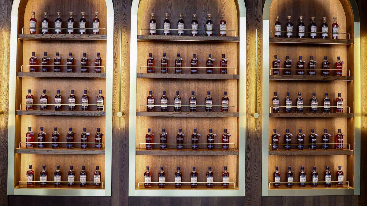 Bottles of Kentucky bourbon from Heaven Hill distillery sit on shelves at it’s Bardstown, KY facility.