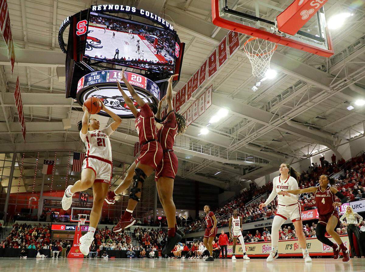 N.C. State’s Madison Hayes drives to the basket during the first half of the Wolfpack’s 88-80 win over Florida State on Thursday, Jan. 4, 2023, at Reynolds Coliseum in Raleigh, N.C.