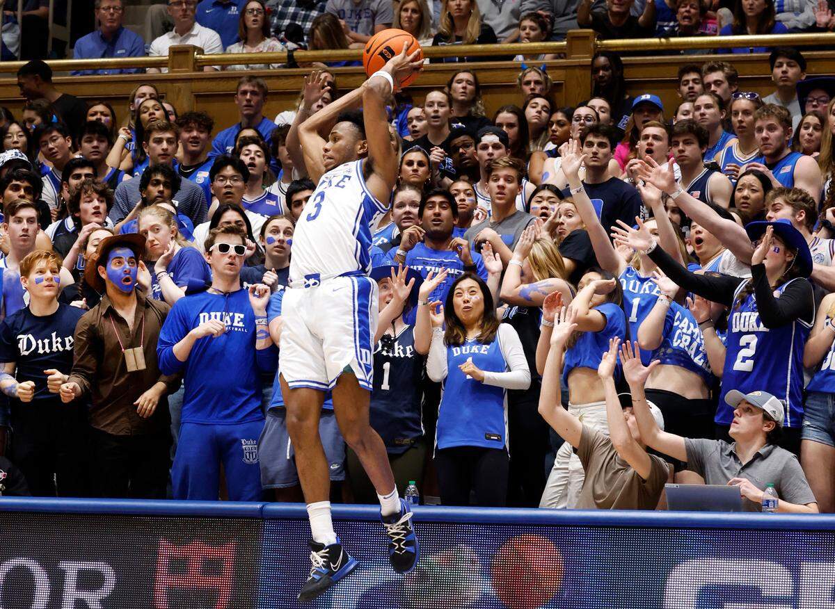 Duke’s Jeremy Roach (3) saves the ball from going out of bounds during the first half of Duke’s game against Boston College at Cameron Indoor Stadium in Durham, N.C., Saturday, Feb. 10, 2024.