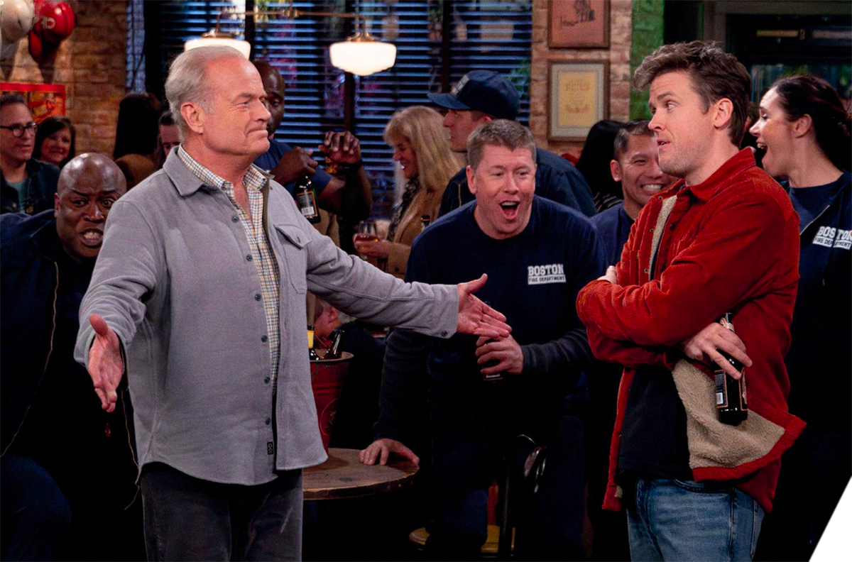Kelsey Grammer as Frasier, left, and Jack Cutmore-Scott, as Freddy, right, in the Paramount+ reboot of “Frasier.”