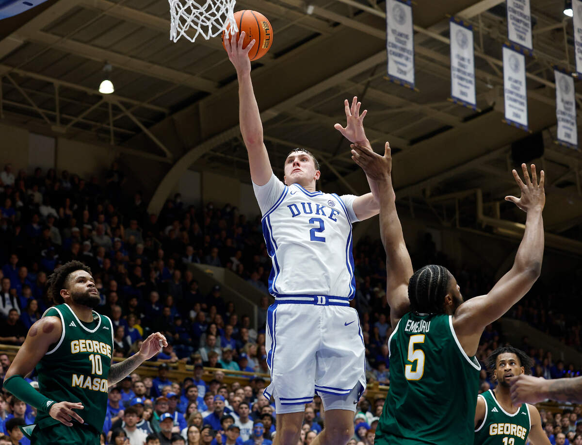 Duke’s Cooper Flagg lays the ball in during the second half of the Blue Devils’ 68-47 win over George Mason on Tuesday, Dec. 17, 2024, at Cameron Indoor Stadium in Durham, N.C.