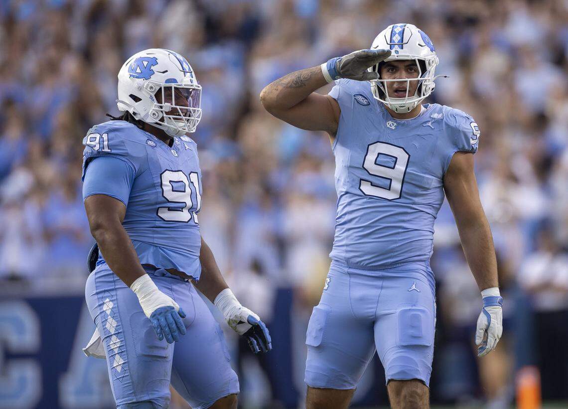 North Carolina defensive lineman Melkart Abou Jaoude (9) reacts after sacking Stanford quarterback  Elijah Brown (2) in the first quarter on Saturday, November 8, 2025 at Kenan Stadium in Chapel Hill, 