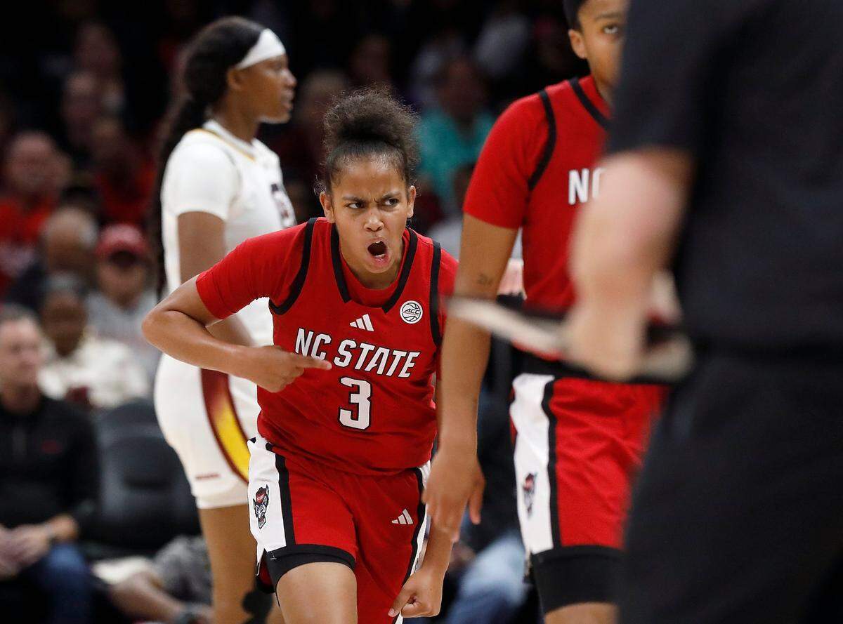 N.C. State's Zamareya Jones reacts during the second half of the Wolfpack's 71-57 loss to South Carolina on Sunday, Nov. 10, 2024, at Spectrum Center in Charlotte, N.C.