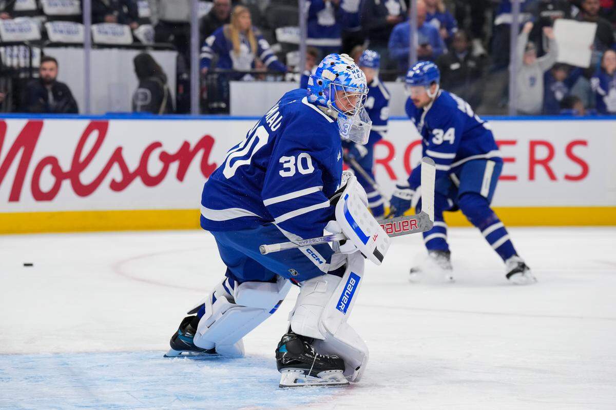 Cayden Primeau of the Toronto Maple Leafs skates against the Montreal Canadiens at Scotiabank Arena on Oct. 8, 2025 in Toronto, Ontario, Canada.
