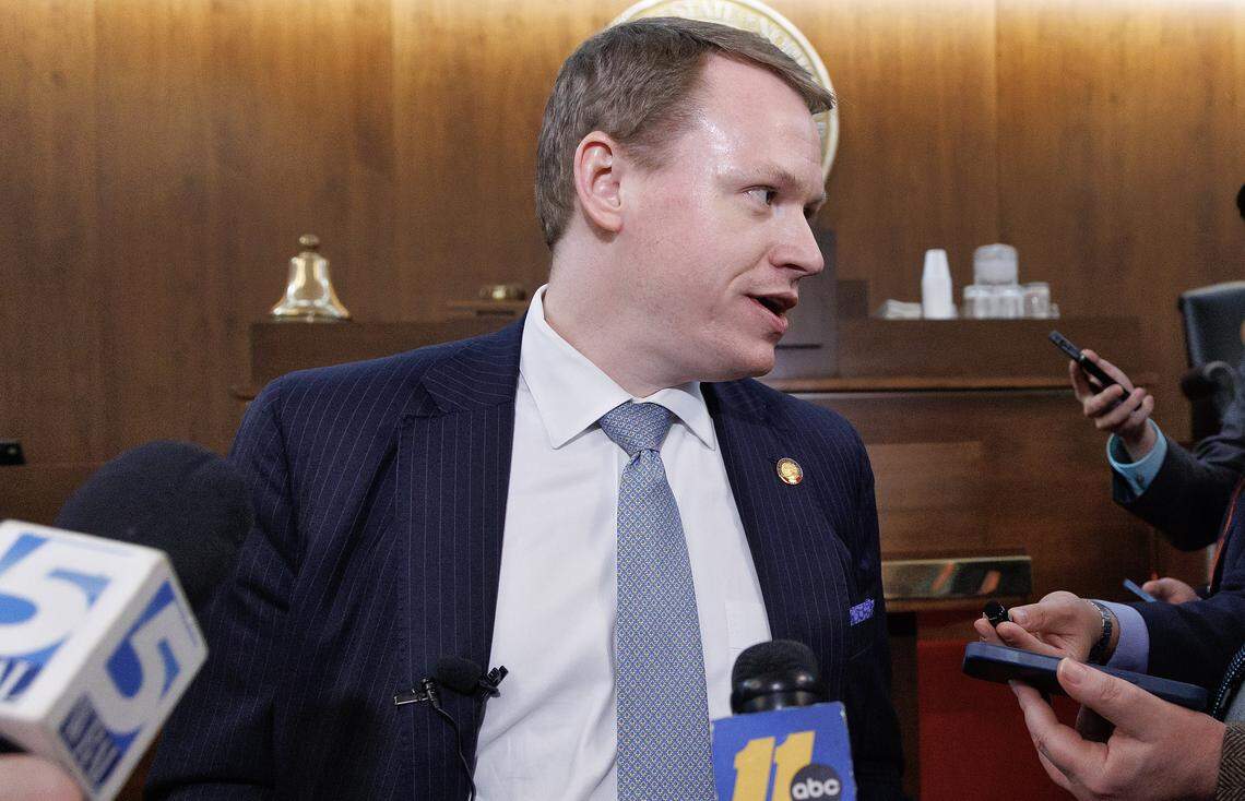 House Speaker Destin Hall speaks with media following the North Carolina House of Representatives session on Tuesday, April 21, 2026, at the Legislative Building in Raleigh, N.C.