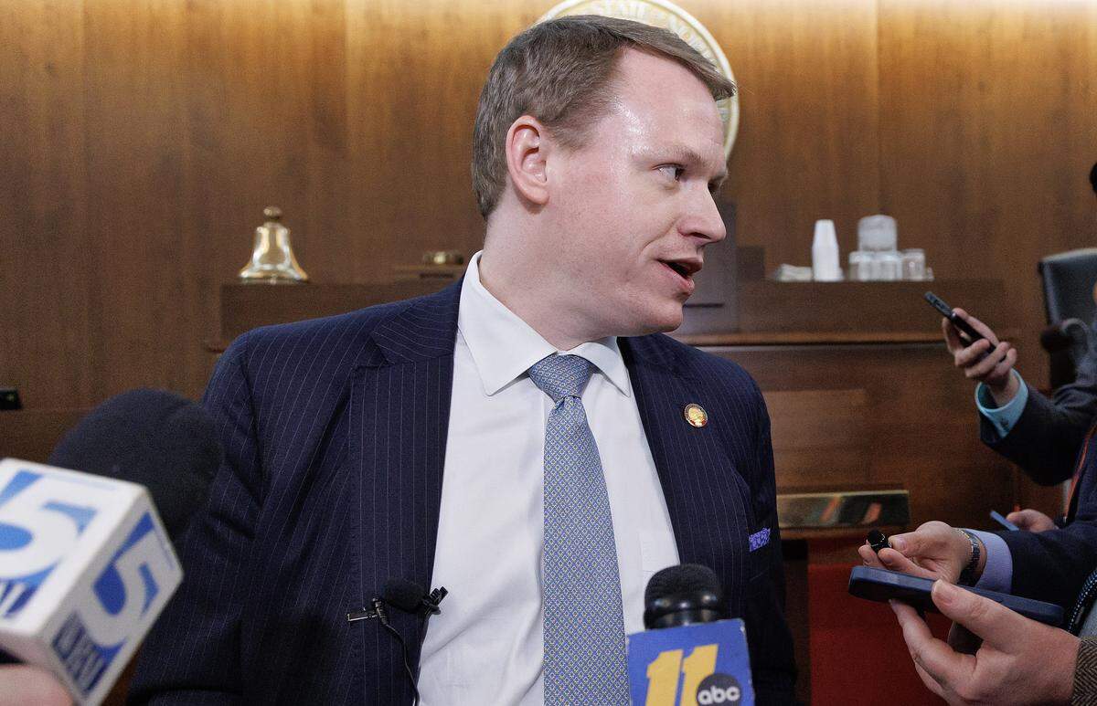 House Speaker Destin Hall speaks with media following the North Carolina House of Representatives session on Tuesday, April 21, 2026, at the Legislative Building in Raleigh, N.C.