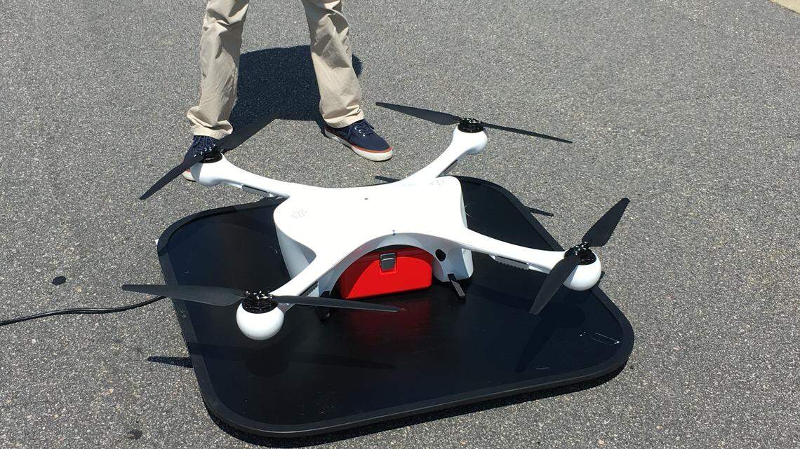 The Matternet drone that made several test flights at WakeMed in Raleigh on Wednesday weighs about 23 pounds, including its battery pack, and can carry a payload weighing up to 4.4 pounds.