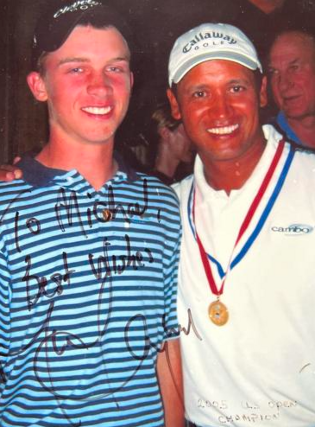 New Zealand’s Michael Campbell, right, and Michael McGowan of Southern Pines celebrate at Pine Needles after Campbell’s victory in the 2005 U.S. Open at Pinehurst. Photo courtesy of Michael McGowan.