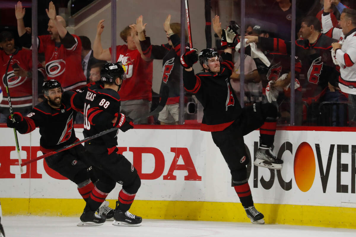 Carolina Hurricanes’ Andrei Svechnikov (37) celebrates his goal against the New York Rangers during the third period of Game 5 of an NHL hockey Stanley Cup second-round playoff series in Raleigh, N.C., Thursday, May 26, 2022. (AP Photo/Karl B DeBlaker)