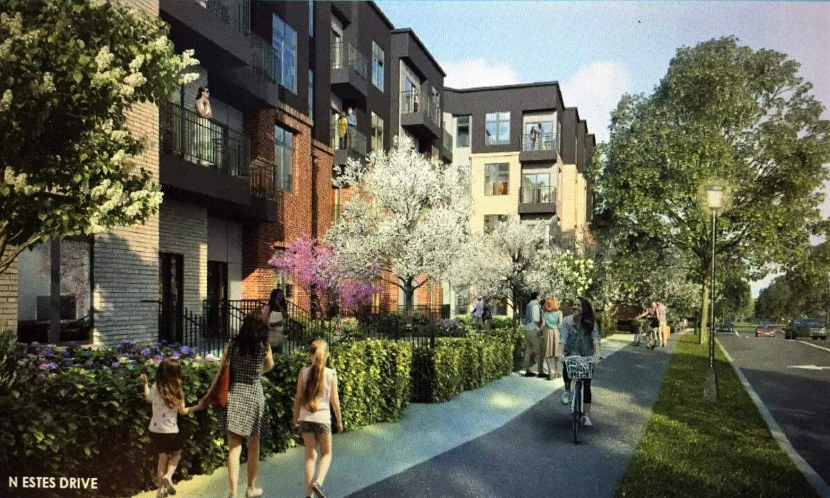 A four-story apartment building faces a new multiuse path for pedestrians and cyclists along Estes Drive at the proposed Aura Chapel Hill project.