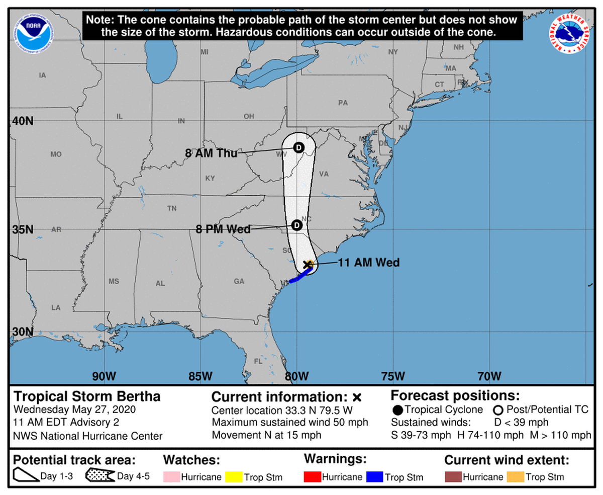 Tropical Storm Bertha is forecast to weaken as it moves over North Carolina and Virginia.
