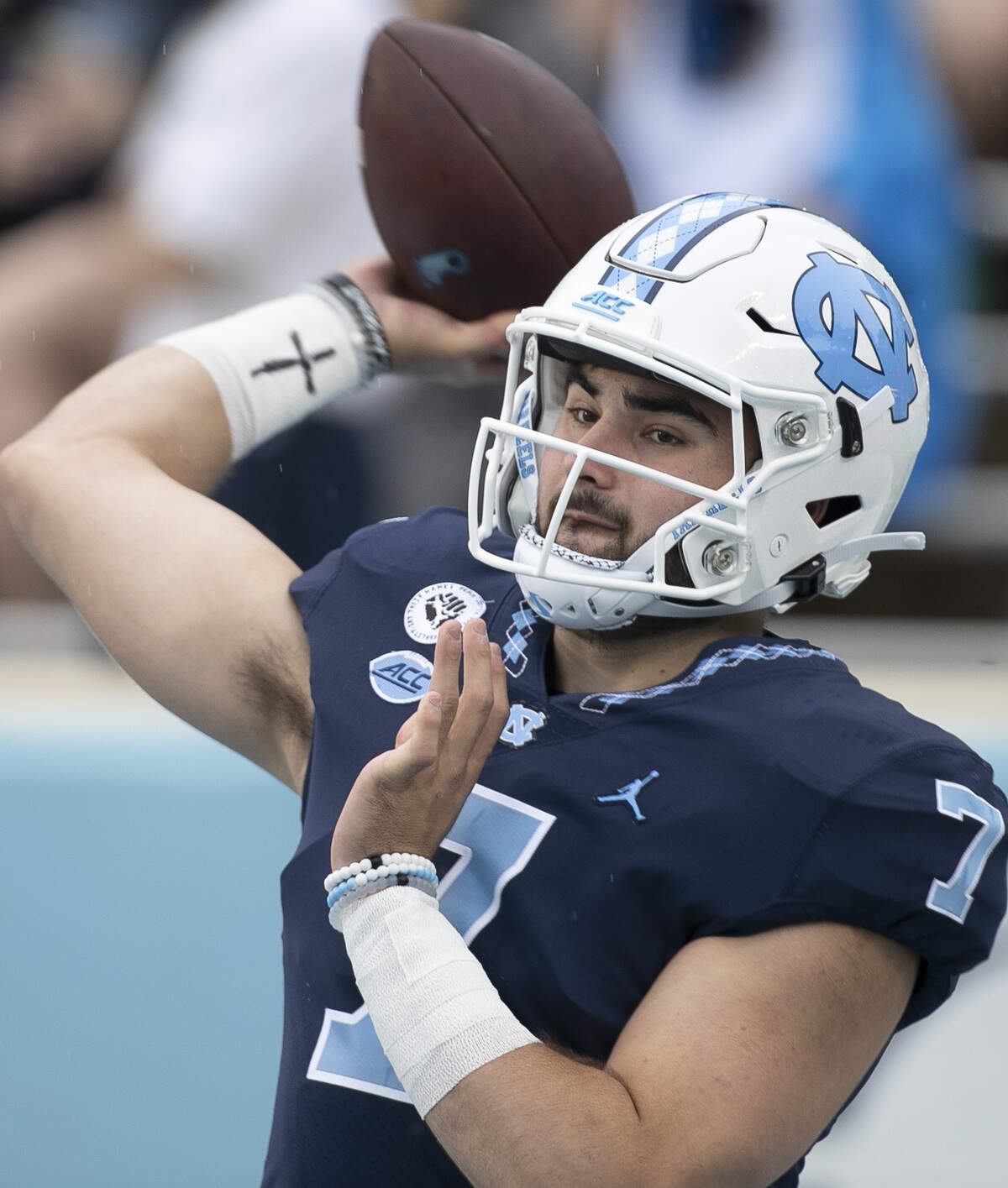 North Carolina quarterback Sam Howell (7) works out prior to the Tar Heels’ game against Virginia Tech on Saturday, October 10, 2020 at Kenan Stadium in Chapel Hill, N.C.