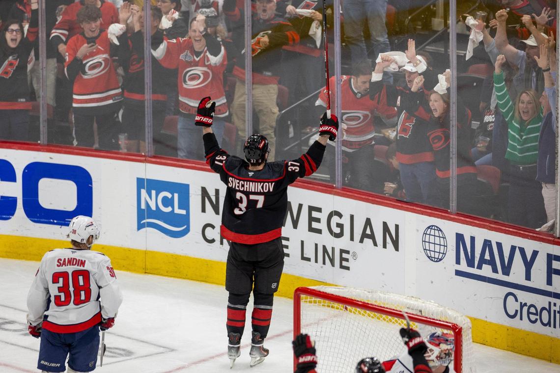 Carolina Hurricane right wing Andrei Svechnikov (37) reacts after scoring on Washington Capitals goalie Logan Thompson (48) in the second period to take a 1-0 lead during Game 3 of their series on Saturday, May 10, 2025 at Lenovo Center in Raleigh, N.C.