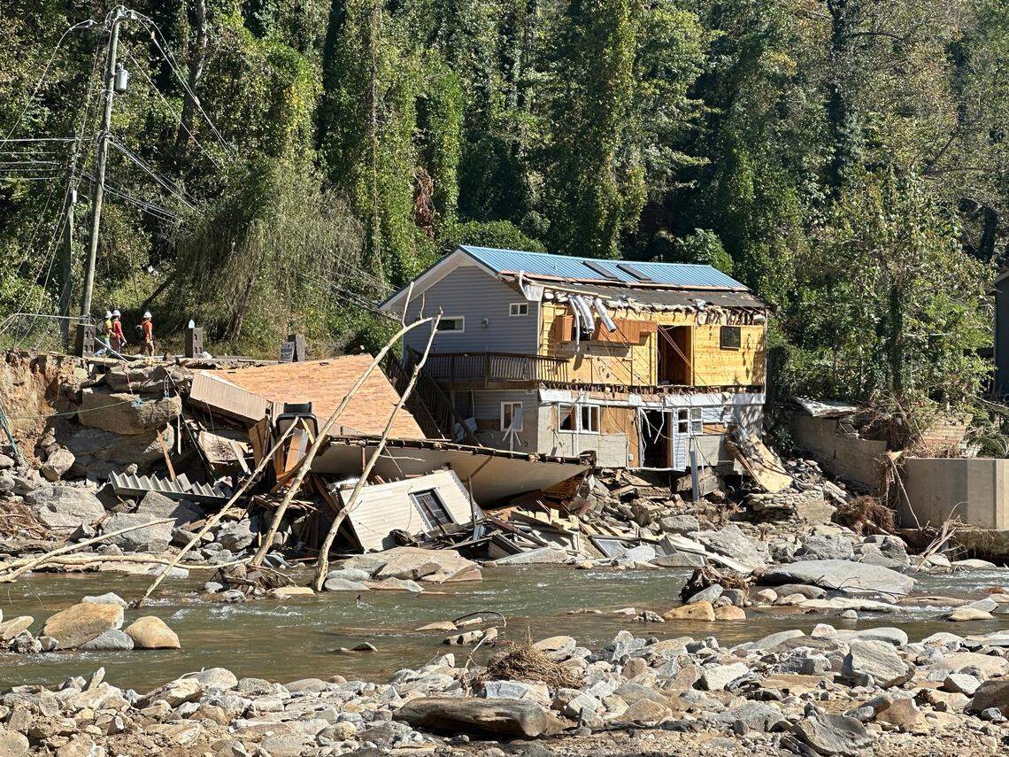 Several homes and businesses in Bat Cave, North Carolina, were washed away by the Rocky Broad River during Hurricane Helene. This one was left standing.