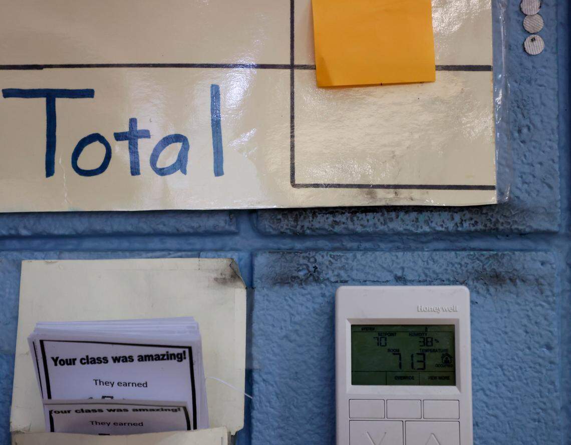 Discoloration from leaks is visible on the walls of the gymnasium at Brentwood Elementary School on Wednesday, Oct. 12, 2022, in Raleigh, N.C. Brentwood Elementary is one of seven schools that would undergo renovations in a $530.7 million bond referendum on the Nov. 8 ballot.