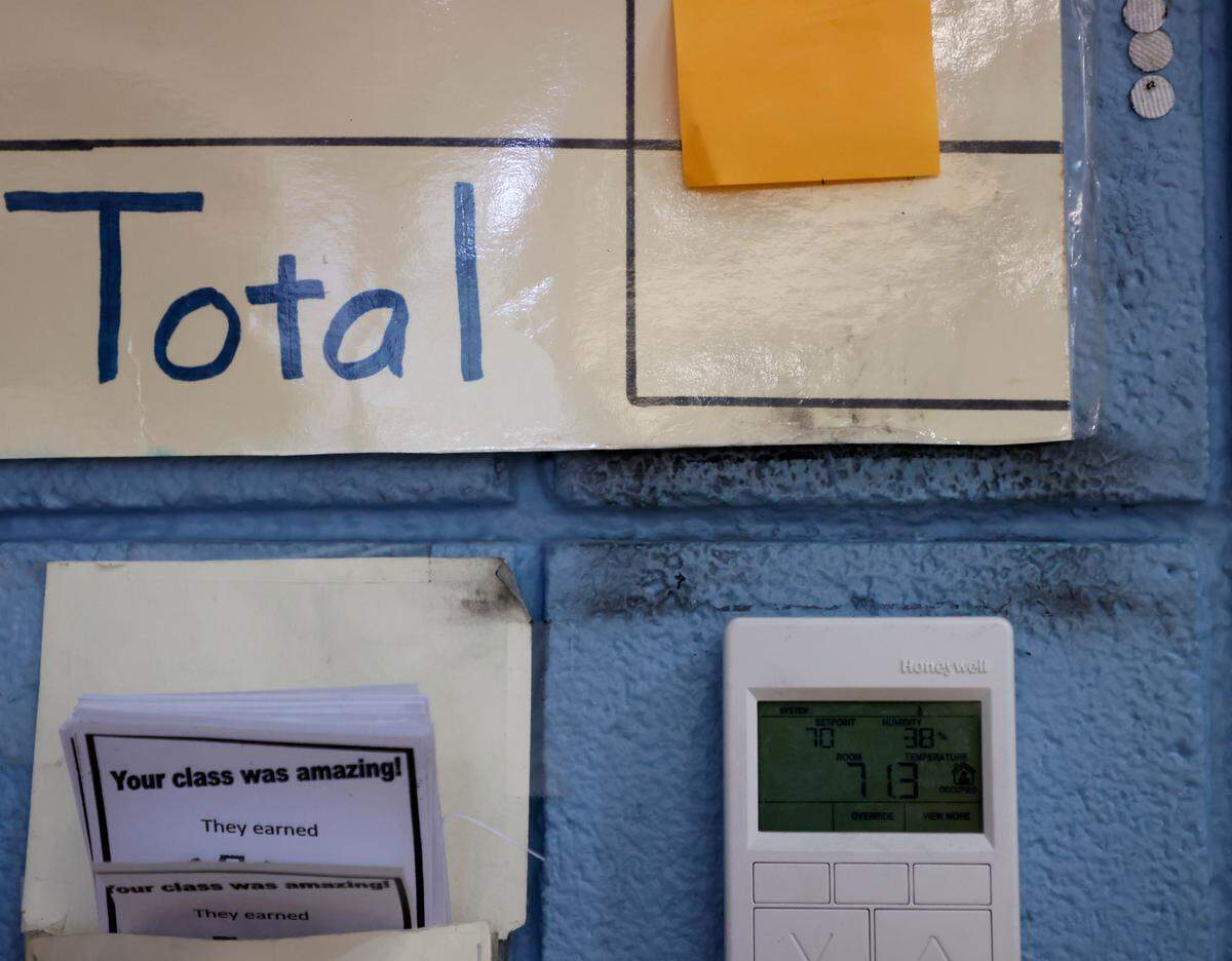 Discoloration from leaks is visible on the walls of the gymnasium at Brentwood Elementary School on Wednesday, Oct. 12, 2022, in Raleigh, N.C. Brentwood Elementary is one of seven schools that would undergo renovations in a $530.7 million bond referendum on the Nov. 8 ballot.