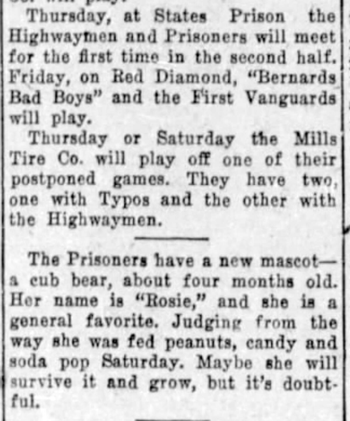 In 1926, baseball at the State Prison in Raleigh was a thing, including a bear cub mascot.