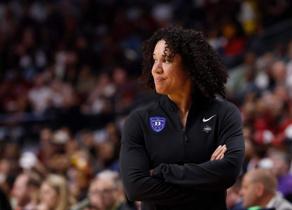 Duke head coach Kara Lawson reacts following a turnover during the second half of the Blue Devils’ 54-50 loss to South Carolina in the NCAA Tournament Elite Eight at Legacy Arena on Sunday, March 30, 2025, in Birmingham, Ala.