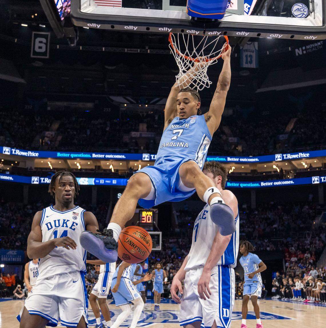 North Carolina guard Seth Trimble (7) gets a dunk over Duke’s Kon Knueppel (7) and Sion James (14) in the second half during the semifinals of the ACC Tournament at Spectrum Center in Charlotte, N.C.