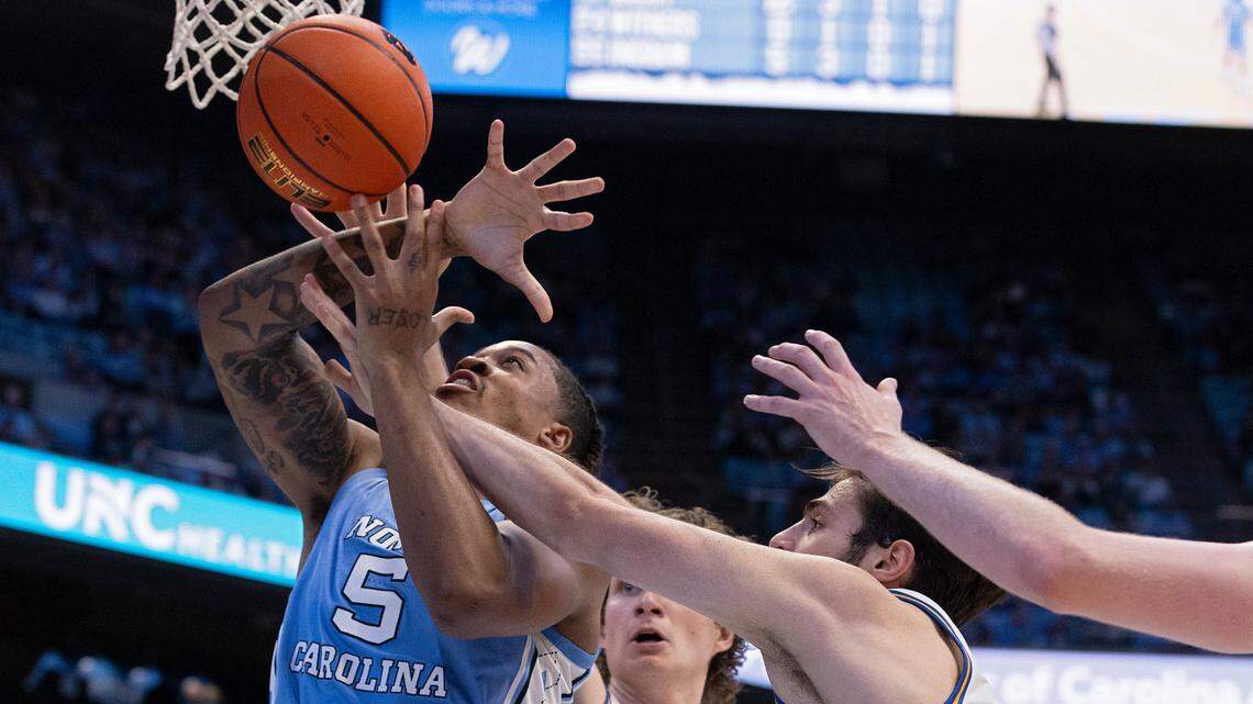 North Carolina’s Armando Bacot drives to the basket past UC Riverside’s Benjamin Griscti and Vladimer Salaridze during the first half of the Tar Heels’ 77-52 win on Friday, Nov. 17, 2023, at the Smith Center in Chapel Hill, N.C.