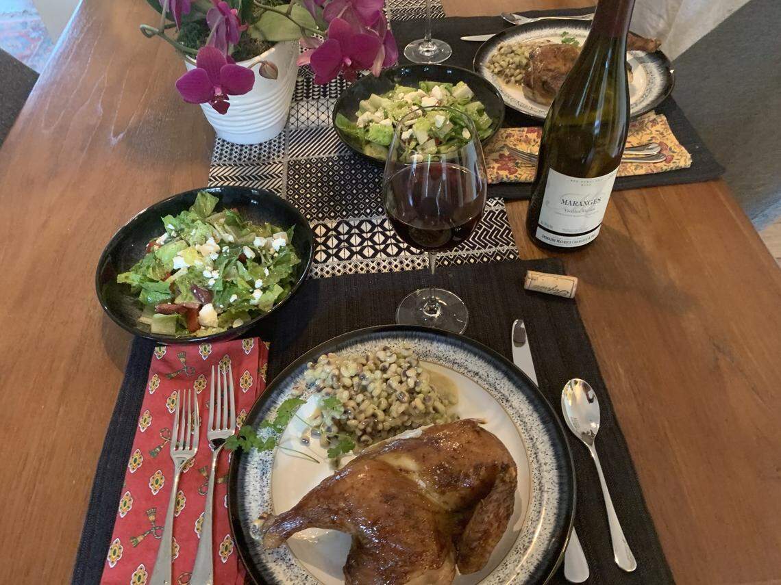 Renowned Raleigh chef Ashley Christensen offers a selection of family-size meals for pickup at her catering facility. Called ClubHouse Dinners, these meals, like this black tea-brined roasted chicken, included a salad, entree, side and dessert and came with instructions for reheating and serving.