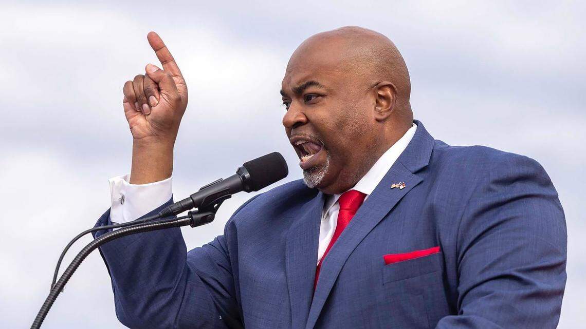 Lt. Gov. Mark Robinson speaks at a Trump rally on April 9, 2022, in Selma, North Carolina.