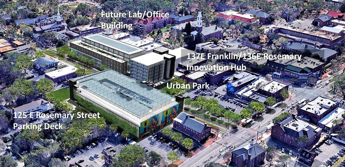 A town rendering shows how two office projects, an 1,100-space downtown parking deck and an urban park will change the East Rosemary Street corridor in downtown Chapel Hill. Grubb Properties also is planning an apartment building for the bank property located at the bottom center of the image, to the right of the new parking deck.