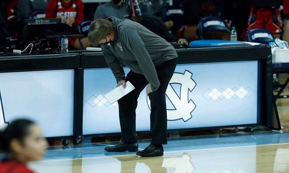 N.C. State head coach Wes Moore is not happy with the call during the second half of UNC’s 76-69 victory over N.C. State at Carmichael Arena in Chapel Hill, N.C., Sunday, February 7, 2021.