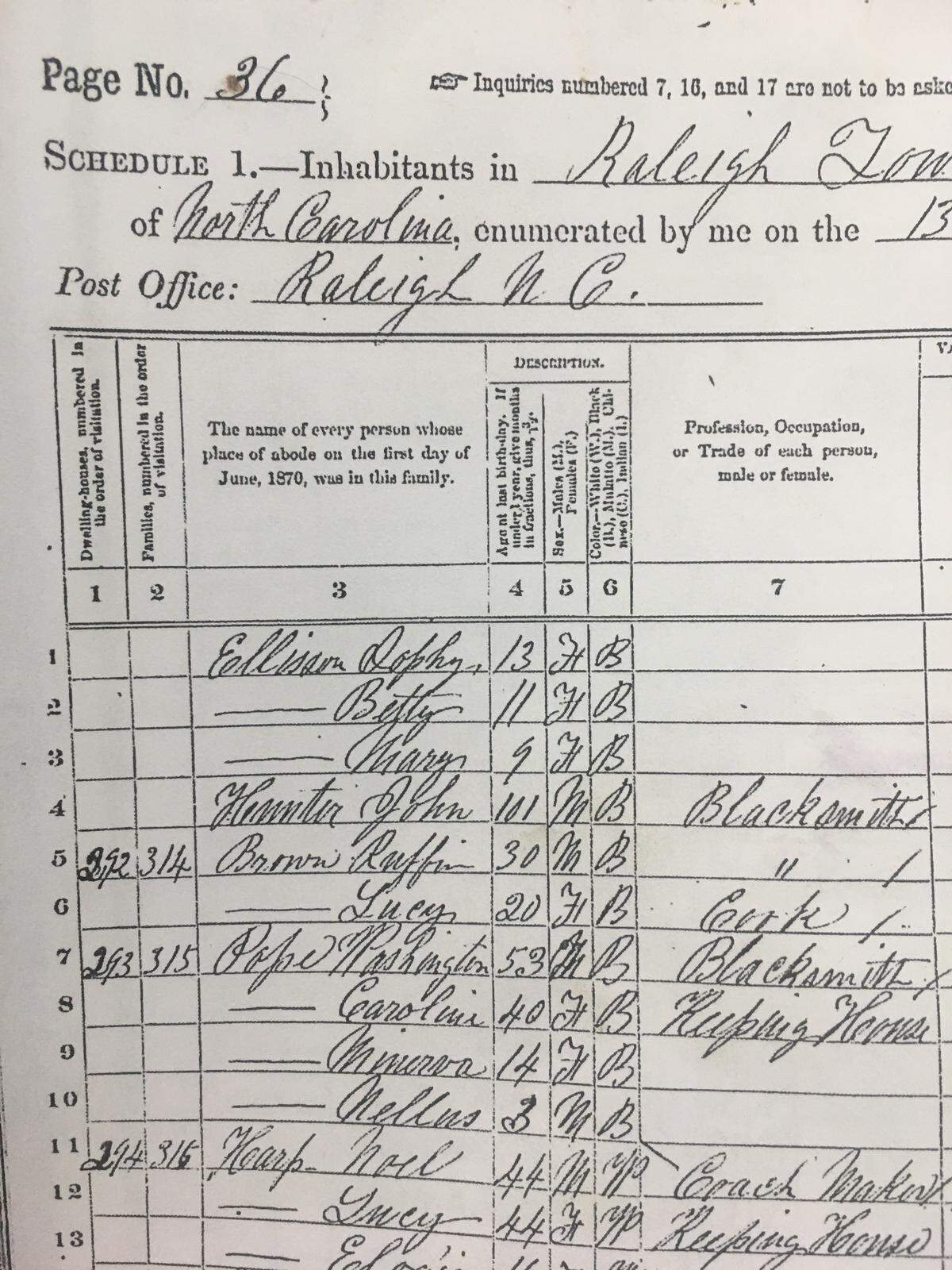 An 1870 census report showing John Hunter, age 101, as a blacksmith.