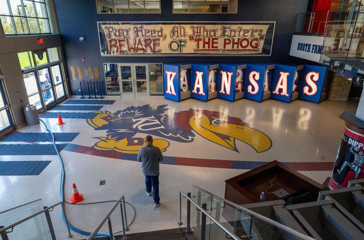 The lobby of the historic Allen Fieldhouse which opened in 1955, on Thursday, November 7, 2024 in Lawrence, Kansas. The North Carolina Tar Heels will play at Kansas for their first time in more than 60 years.
