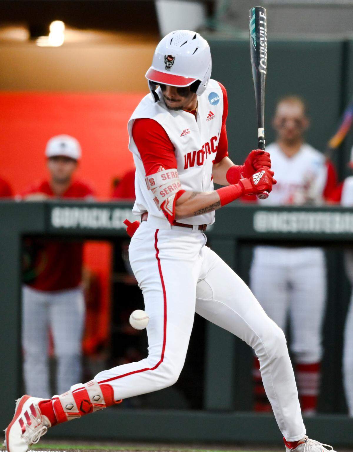 N.C. State’s Eli Serrano III (16) is hit by a pitch during N.C. State’s 9-2 victory against Bryant in the NCAA Raleigh Regional at Doak Field on Friday, May 31, 2024.