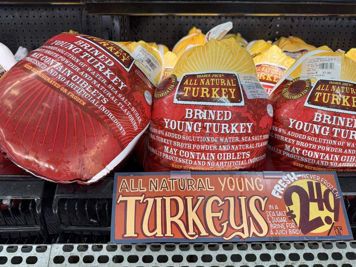 Trader Joe’s was selling brined, organic and kosher whole turkeys in a Raleigh, North Carolina, store on Wednesday, Nov. 21, 2024.